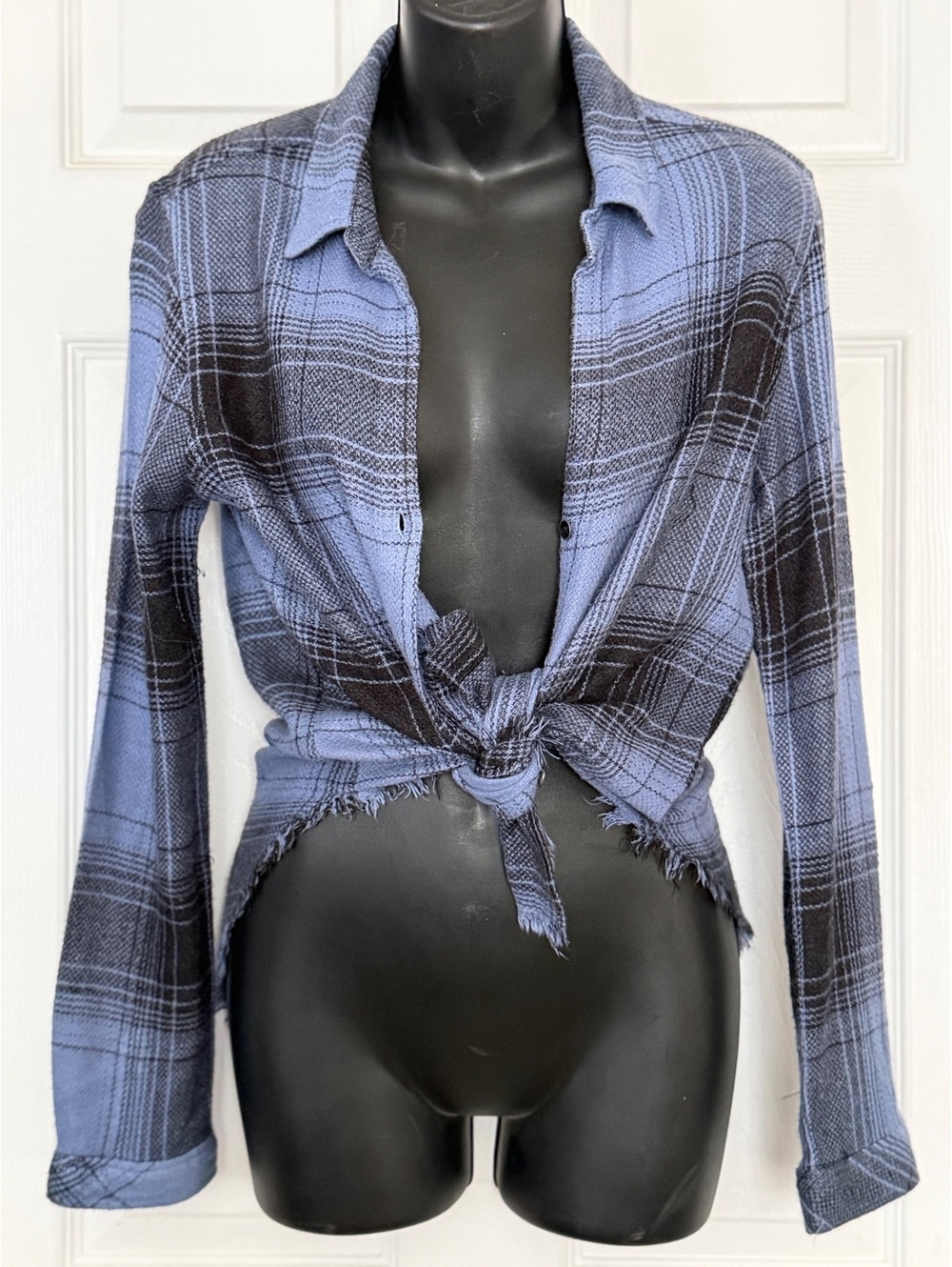 Bella Dahl Blue Black Plaid Button Front Shirt Frayed Hem S